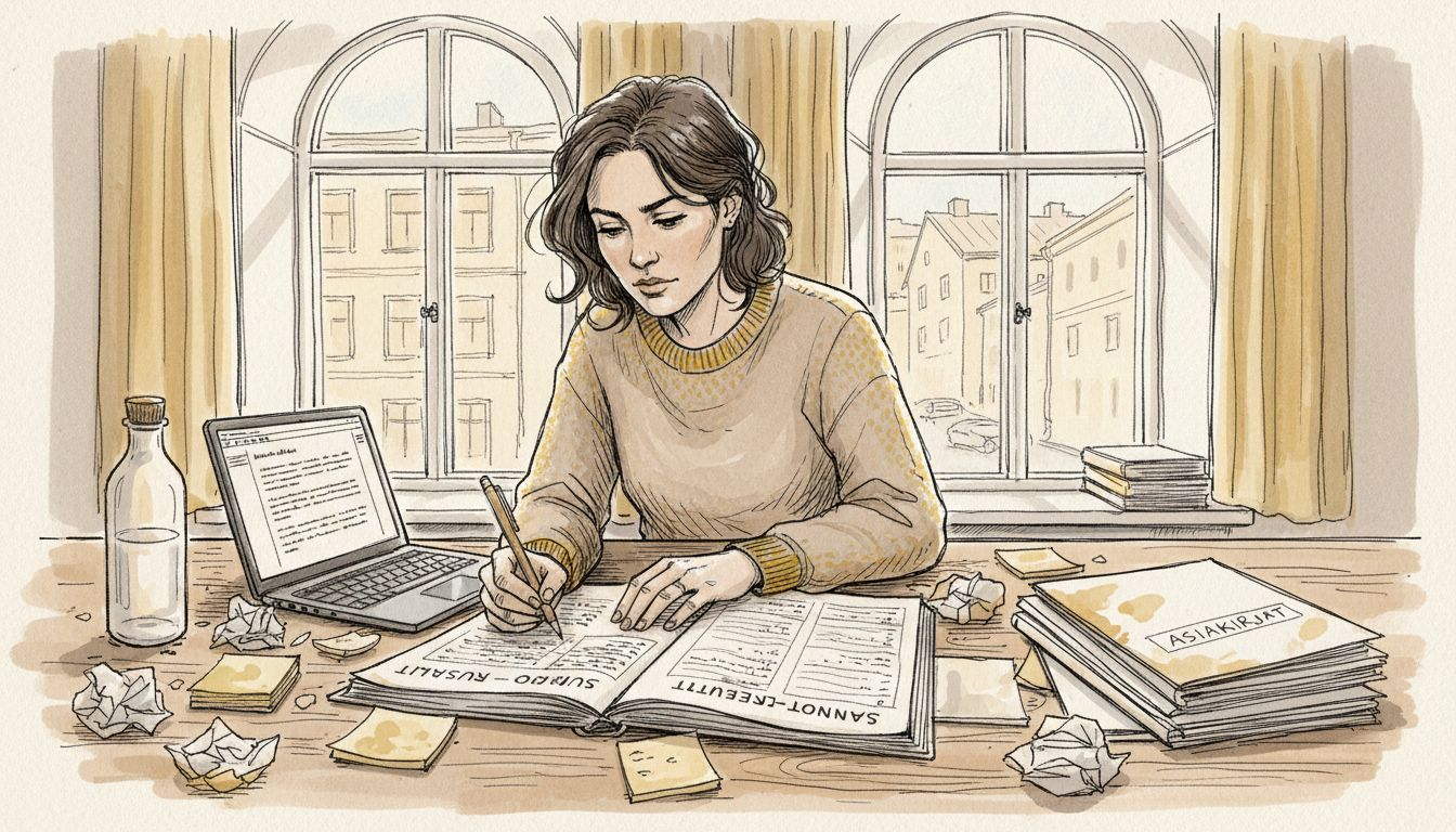 Kielialan asiantuntija vertailee eri termien merkityksiä työpöytänsä ääressä.