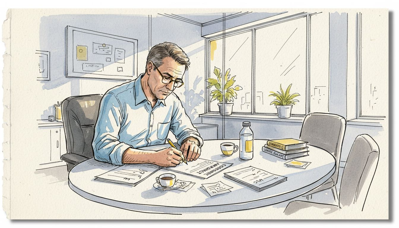 Linguist reviewing translation in meeting room