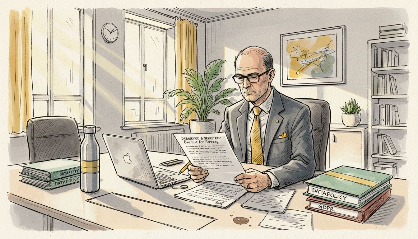 En chef sitter på kontoret och går noggrant igenom översättningsdokument.