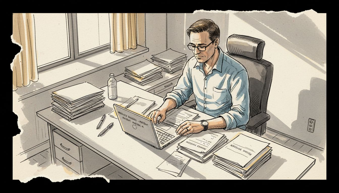 Op kantoor loopt de medisch vertaler alle dossiers zorgvuldig na.