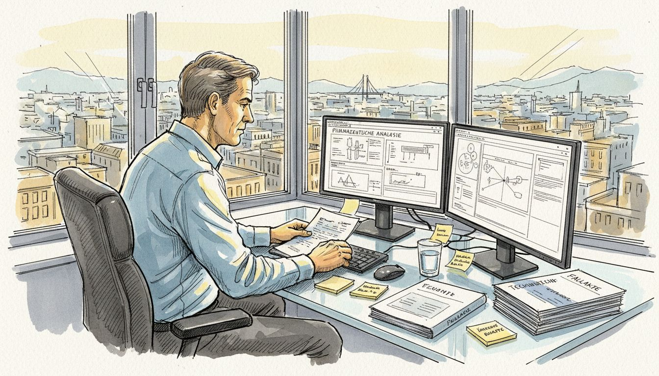 In einem hellen Büro prüft eine Übersetzerin pharmazeutische Unterlagen auf ihre Richtigkeit.