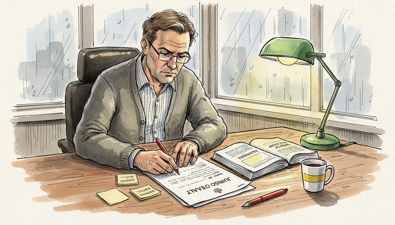 En erfaren översättare går noggrant igenom tekniska dokument vid sitt skrivbord.