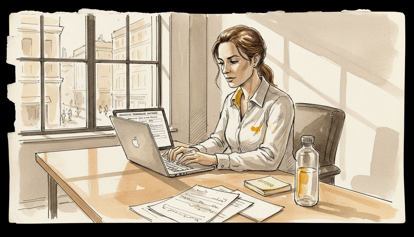 Een vrouw verdiept zich aan haar bureau in juridische vaktermen.