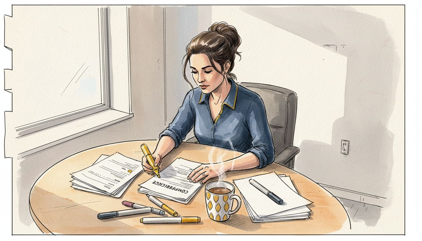 Eine Mitarbeiterin überprüft die Übersetzung eines Compliance-Berichts.