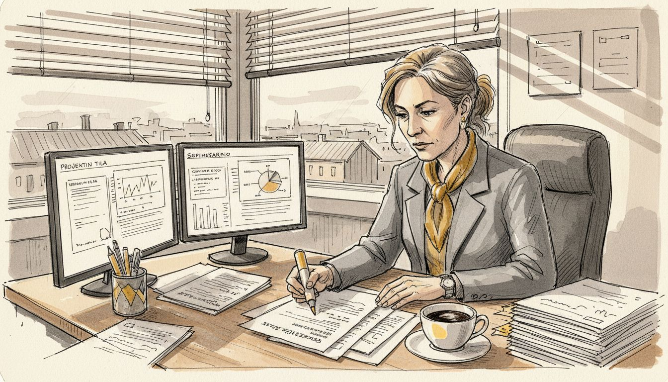 Projektipäällikkö käy läpi käännössopimuksen asiakirjoja