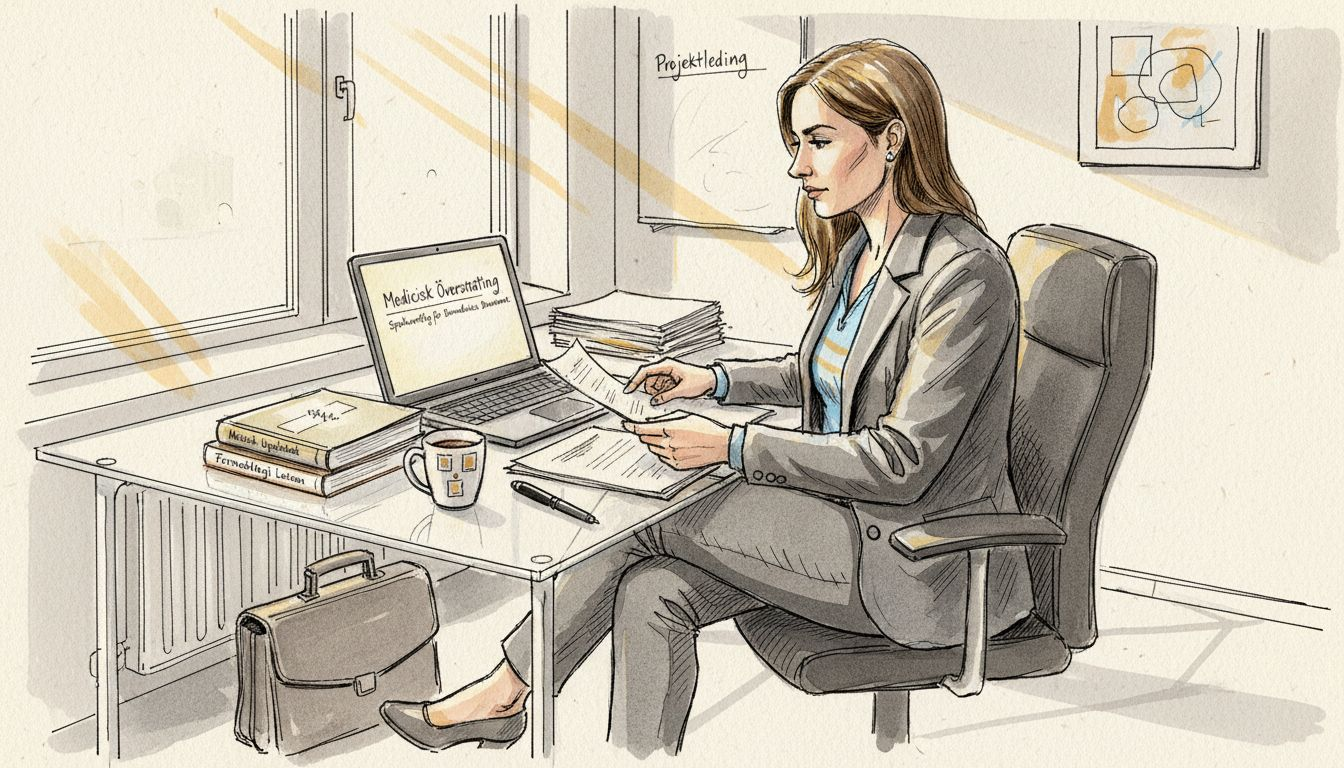 Projektledare sitter vid sitt skrivbord och går igenom översättningar