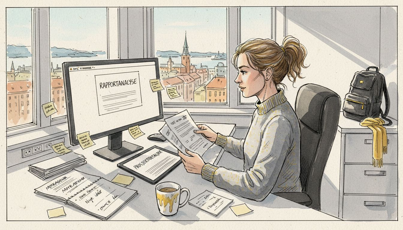 En oversetter sitter på kontoret og jobber med ulike dokumenter.