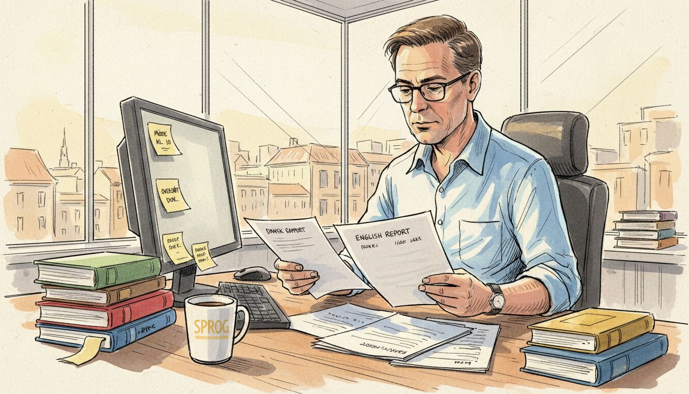 En oversætter gennemgår og sammenholder dokumenter på kontoret.