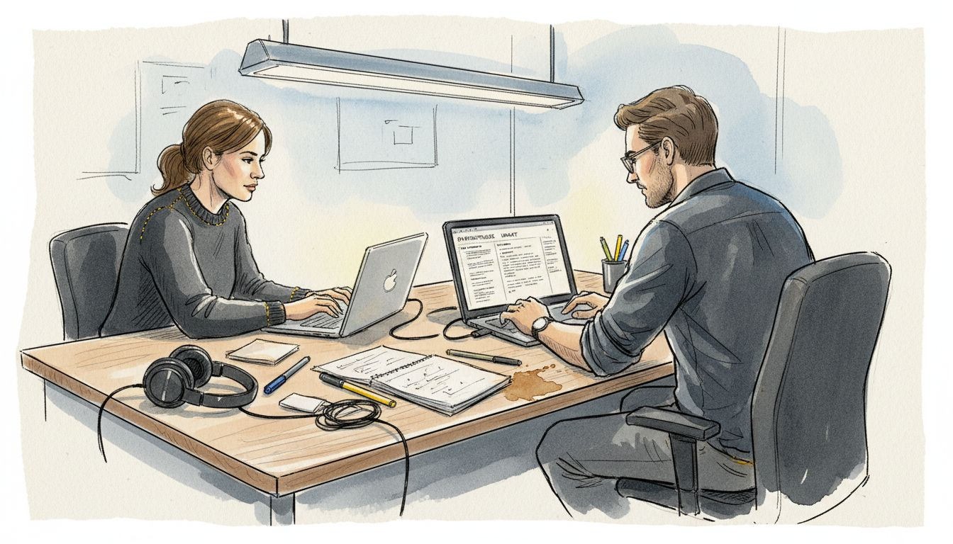 To kollegaer sidder og arbejder sammen om en oversættelse.