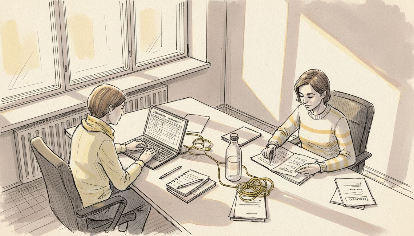 Kääntäjät vertailevat toimistolla eri teknologiaratkaisuja keskenään.