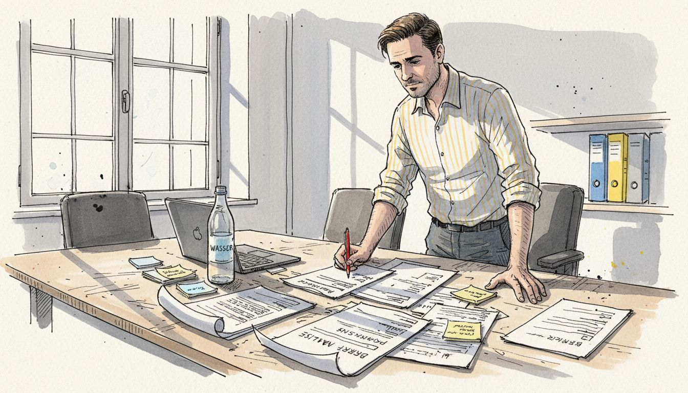 Ein Manager überprüft die Unterlagen zum Übersetzungsprozess.