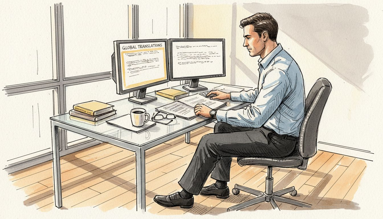 Translator comparing text on two monitors