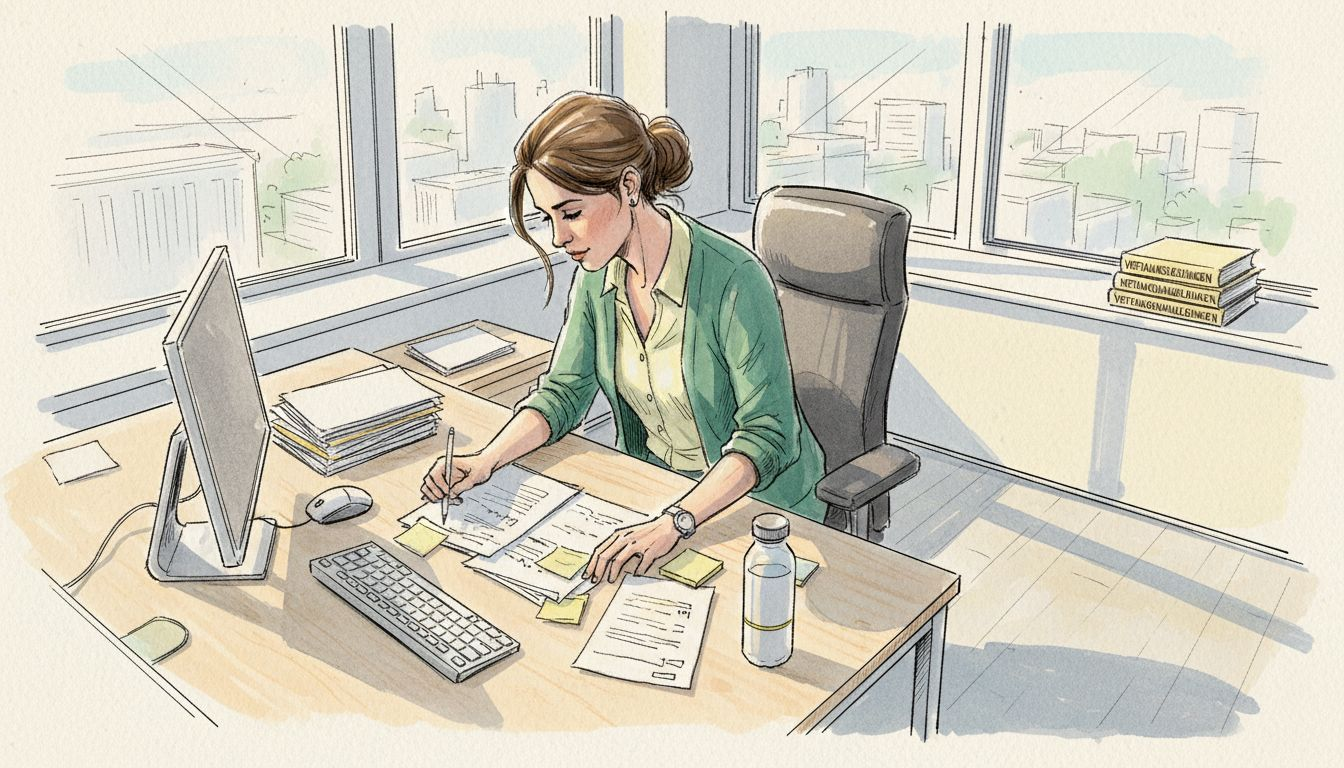 Een projectmanager bekijkt op kantoor nauwkeurig de vertaalde documenten om alles te controleren.