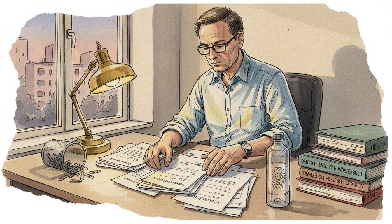Eine Übersetzerin prüft am Schreibtisch Zeugnisse und Qualifikationsnachweise.