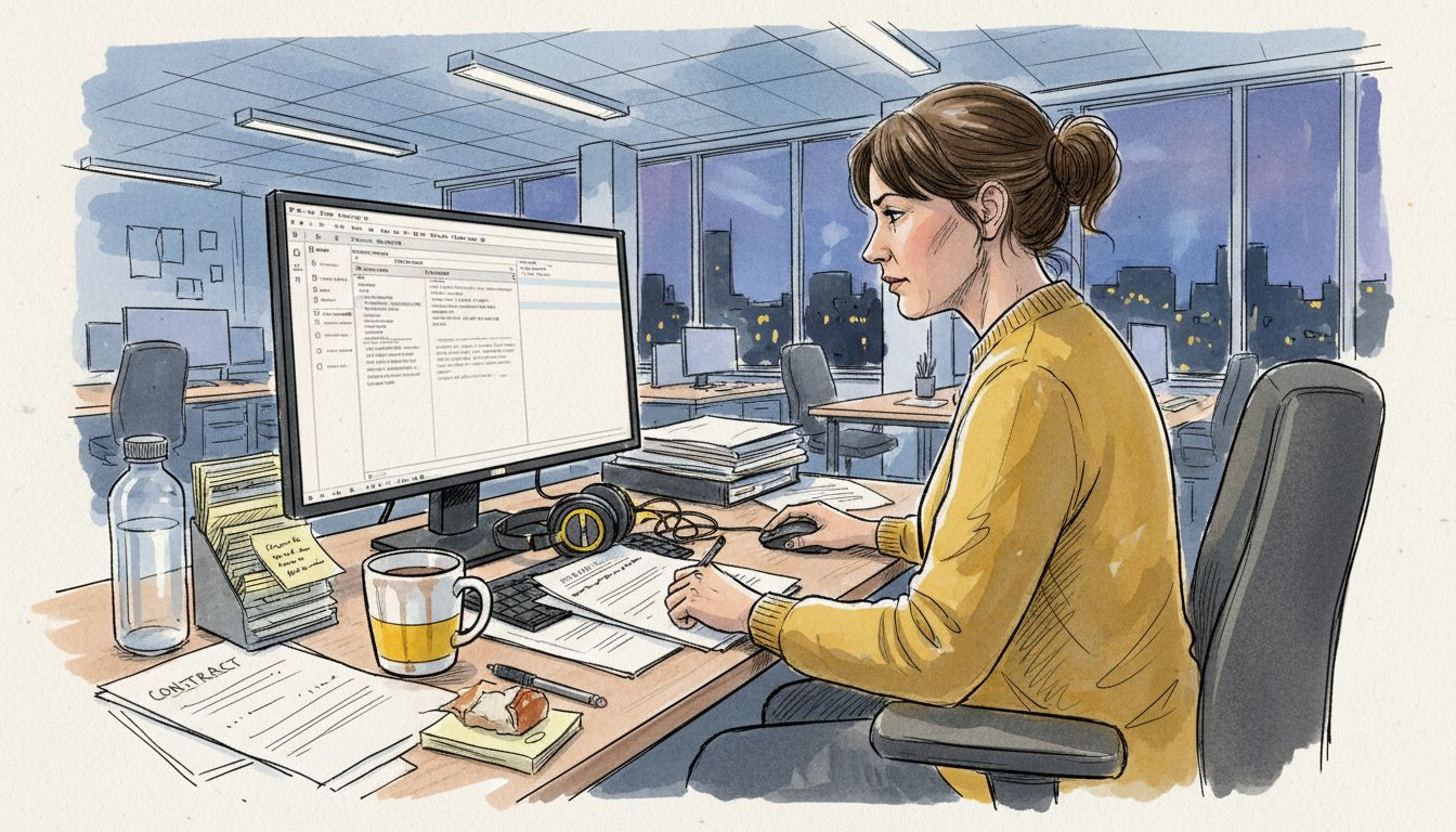 En oversætter arbejder koncentreret ved computeren på kontoret og benytter moderne oversættelsesværktøjer (CAT-software) for at sikre ensartede og effektive oversættelser.