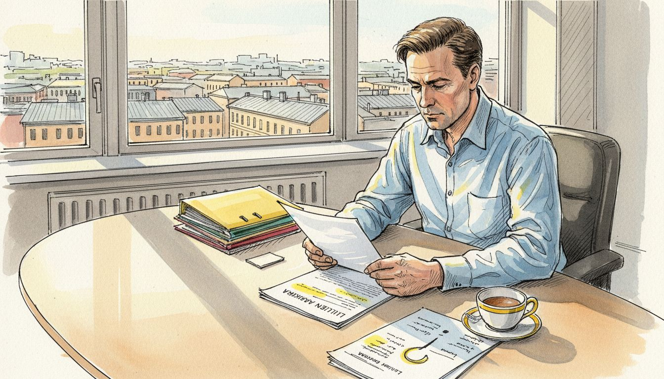 Asiantuntija perehtyy huolellisesti asiakirjaan toimistolla.