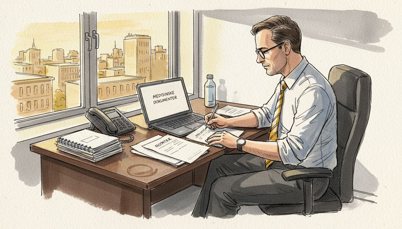 En språkkonsulent sitter på kontoret sitt og går nøye gjennom dokumenter.