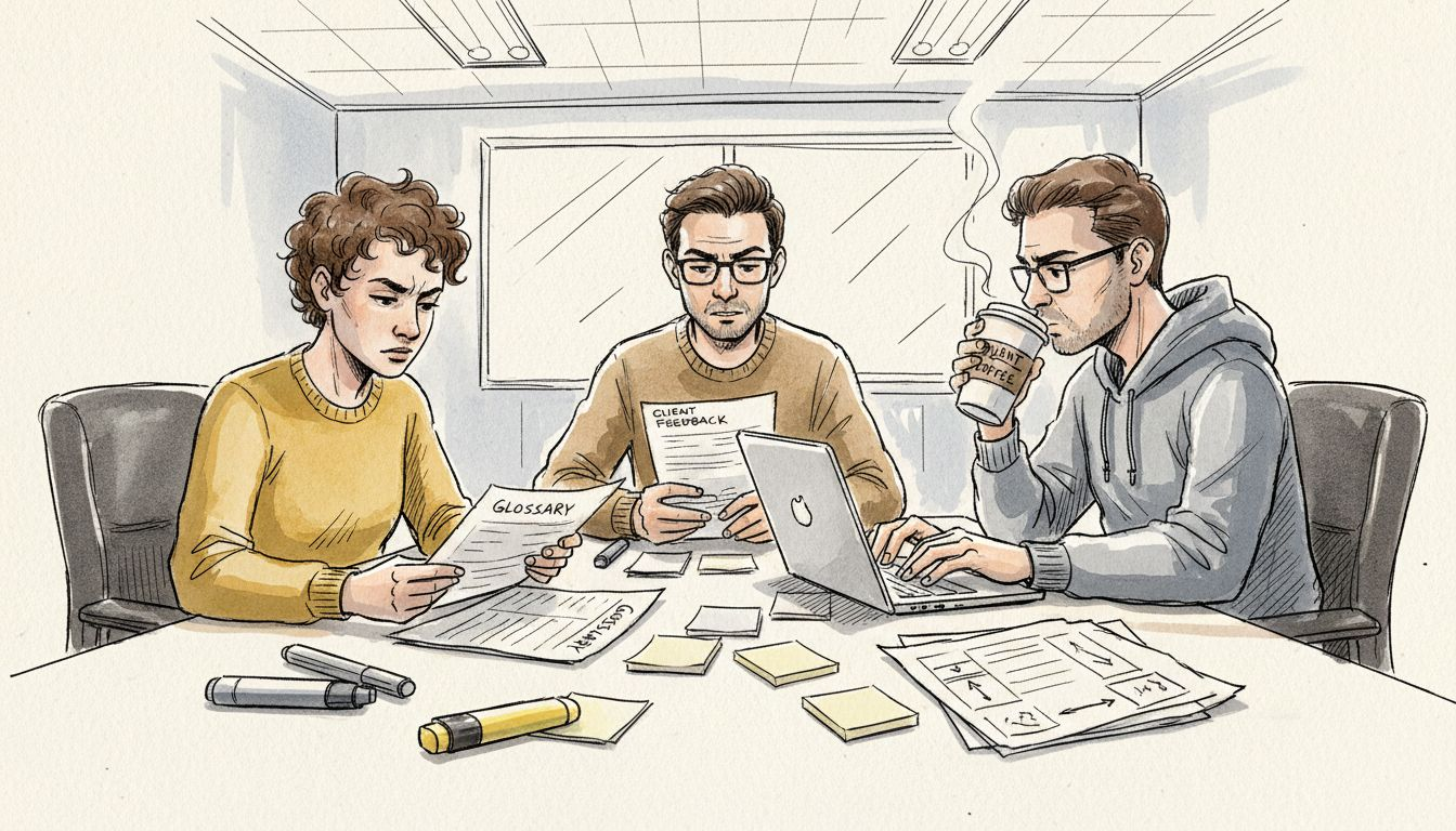 Translation team reviewing compliance terminology