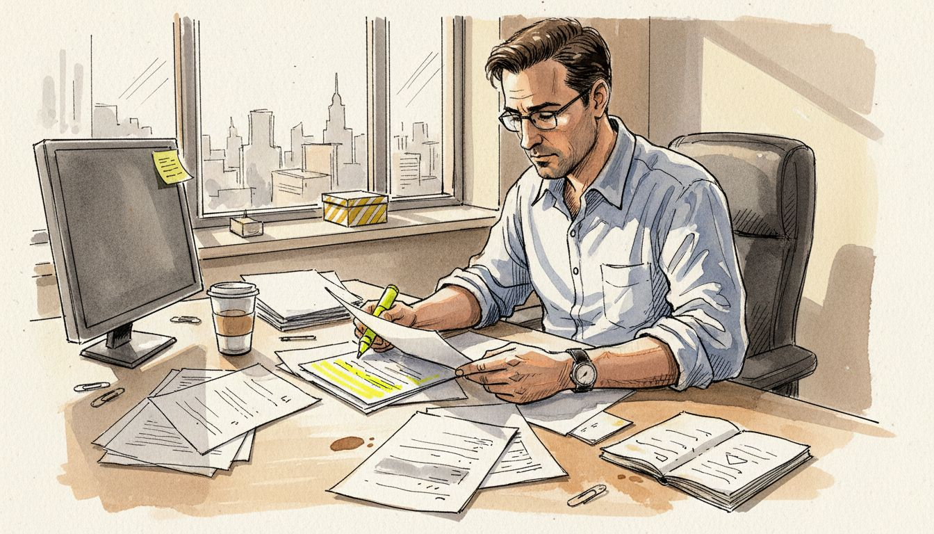 En mand sidder og gennemgår papirer på sit hjørnekontor.