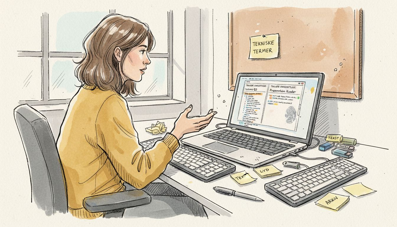 En sprogkonsulent sidder på kontoret og arbejder med oversættelsesværktøjer.