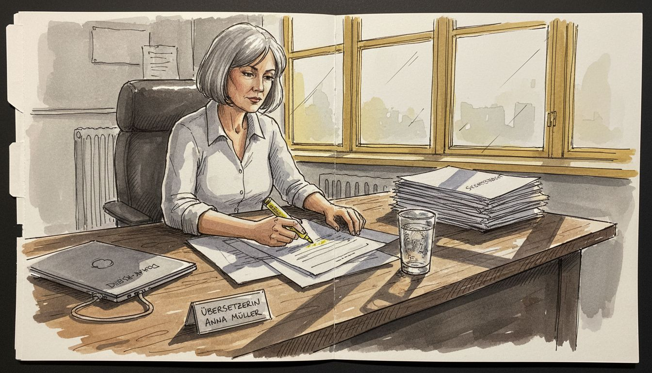 Am Schreibtisch nimmt eine Übersetzerin Sicherheitsdokumente genau unter die Lupe.
