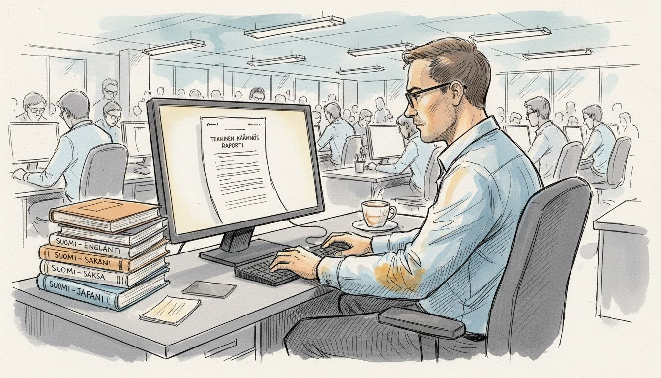 Tekninen kääntäjä työskentelee avokonttorin jaetulla työpisteellä.