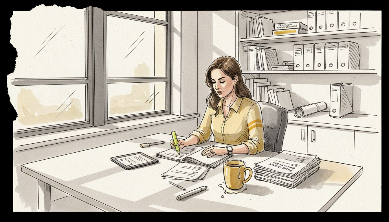 Project manager reviews technical translation paperwork