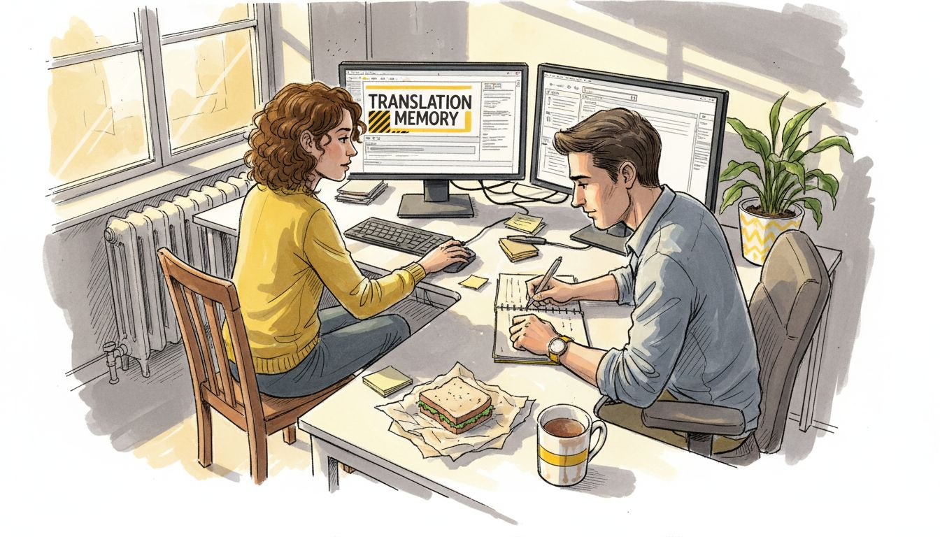 Editors use translation memory at cluttered desk
