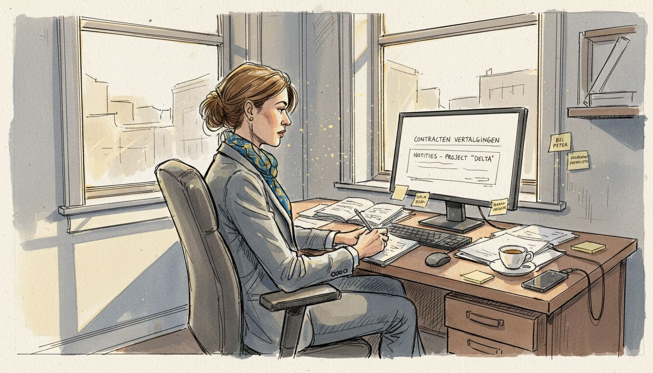 Een vertaler buigt zich over contracten aan een zonnig bureau.