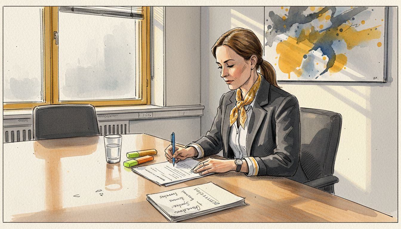 Lakialan kääntäjä käy läpi sopimustekstiä neuvottelupöydän äärellä varmistaen, että kaikki yksityiskohdat ovat kohdallaan.