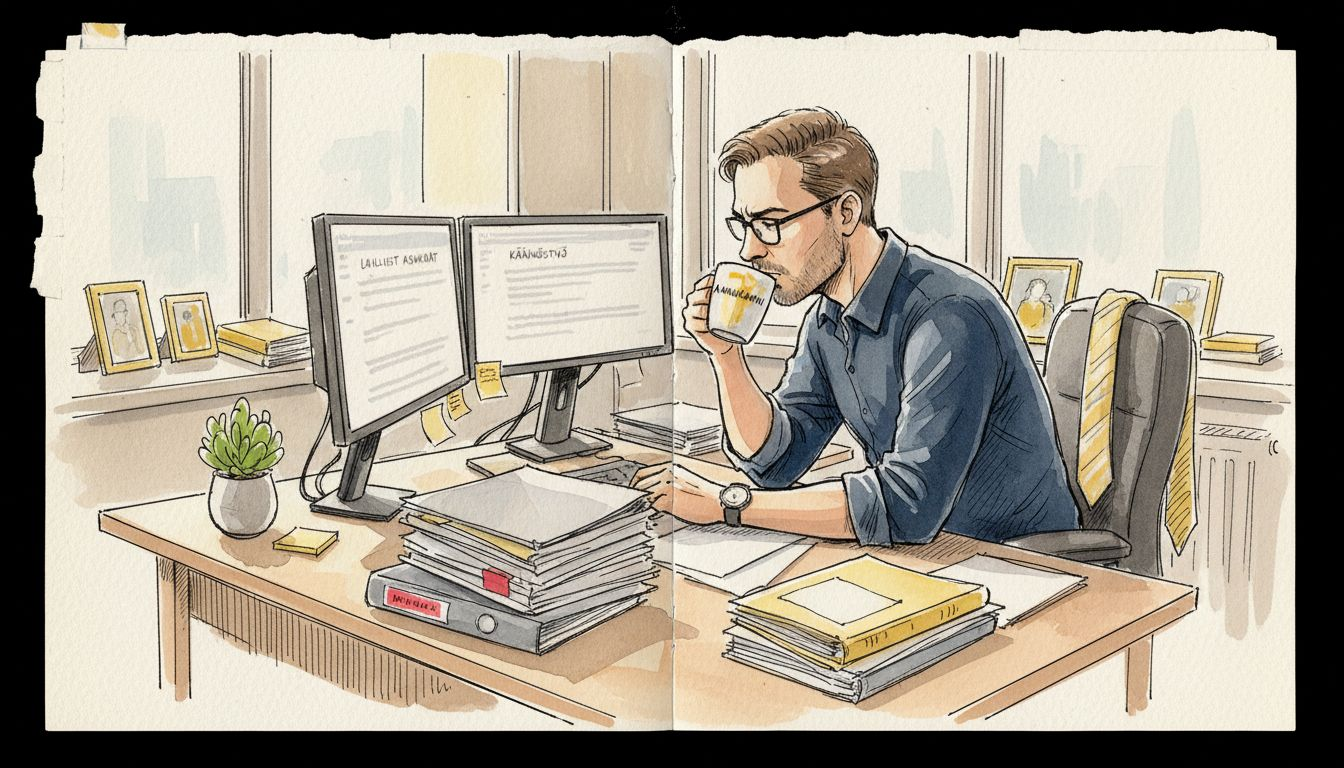 Kääntäjä käy läpi asiakirjoja valoisassa kulmatoimistossa.