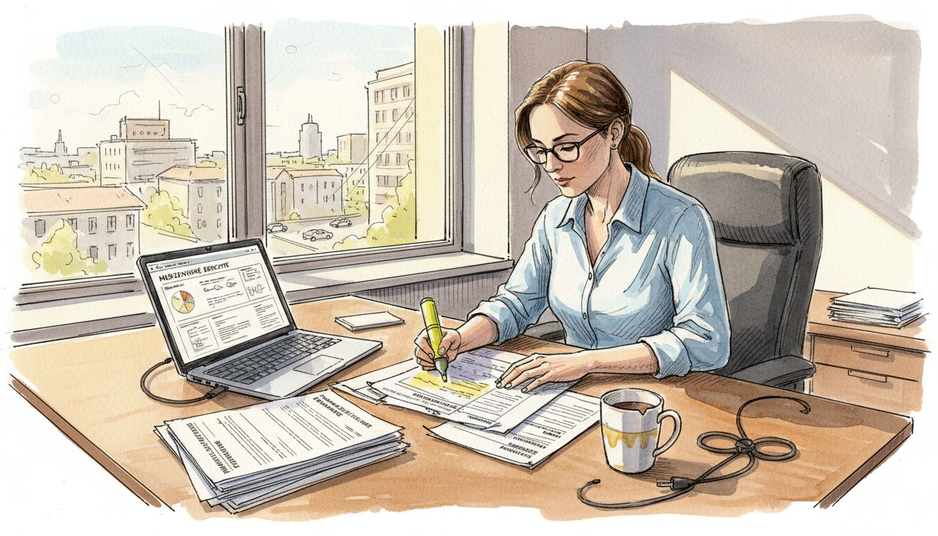 Eine Mitarbeiterin prüft an ihrem Schreibtisch pharmazeutische Übersetzungen in mehreren Sprachen auf ihre Richtigkeit.