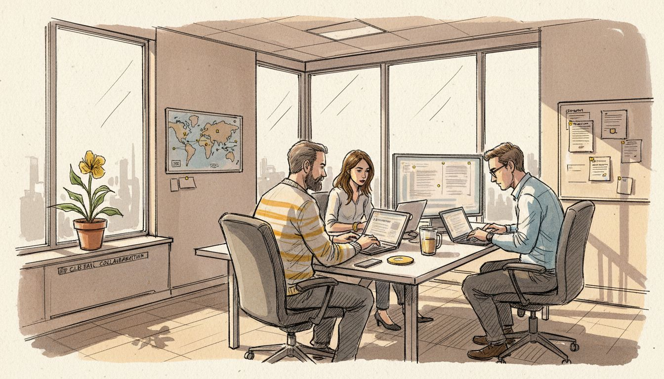 Team collaborating on AI translation tools in modern office