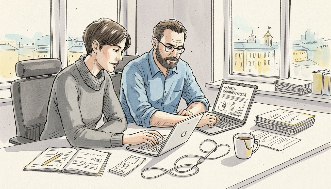 Kaksi asiantuntijaa vertailee käännöstyökaluja toimistolla.