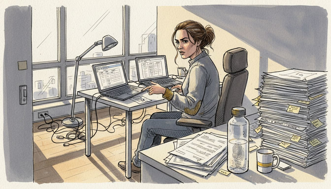 Een vertaalmanager die op kantoor documenten met elkaar vergelijkt