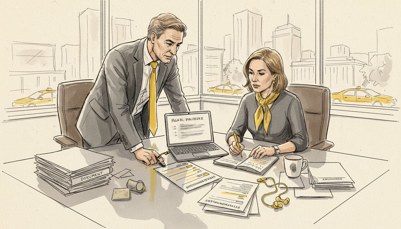 Erfarna specialister granskar regelefterlevnaden i ett modernt kontorslandskap.