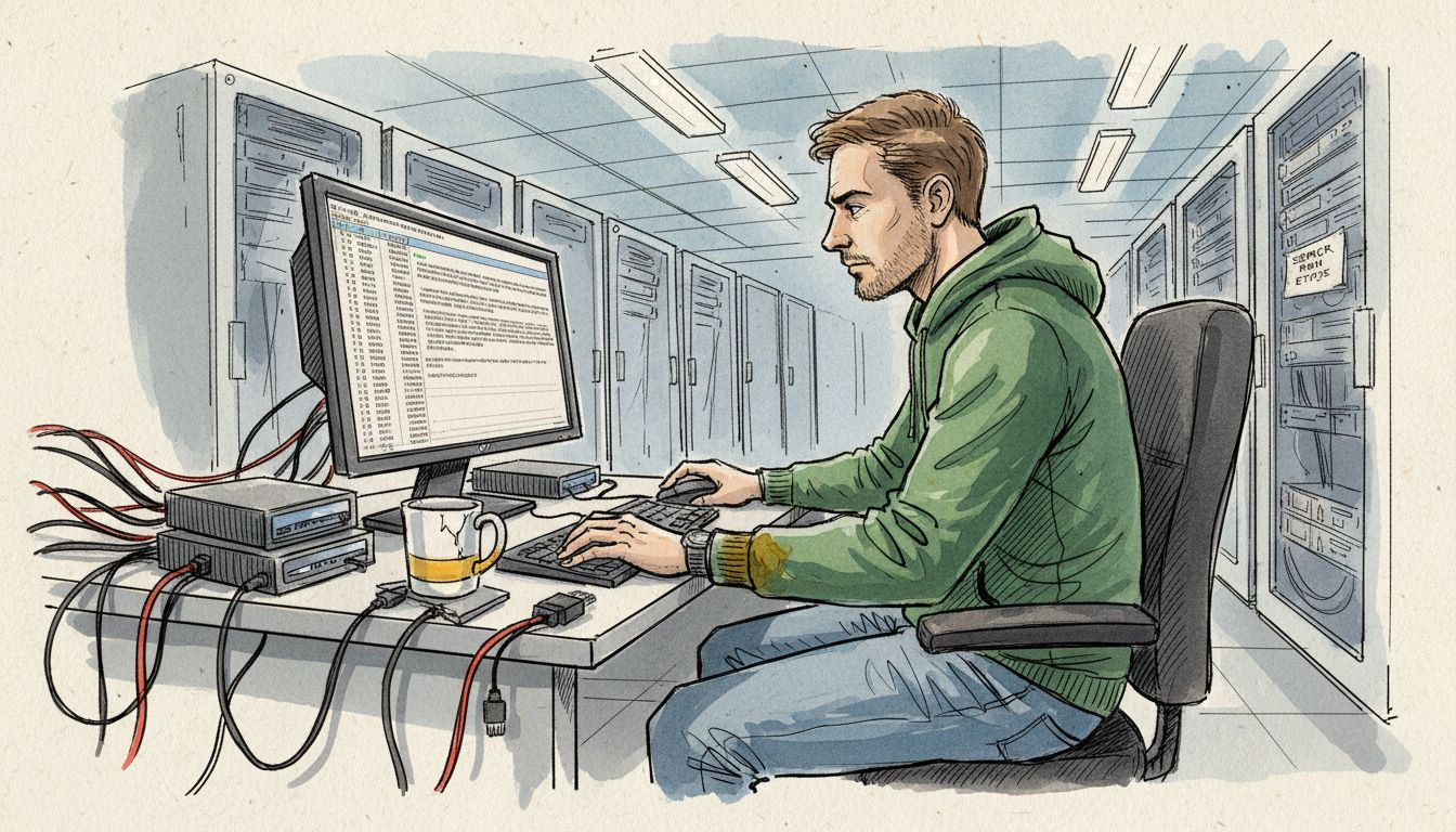 En sikkerhetsanalytiker gjennomfører en grundig kontroll av serverrommet der språk-AI-systemene er installert.