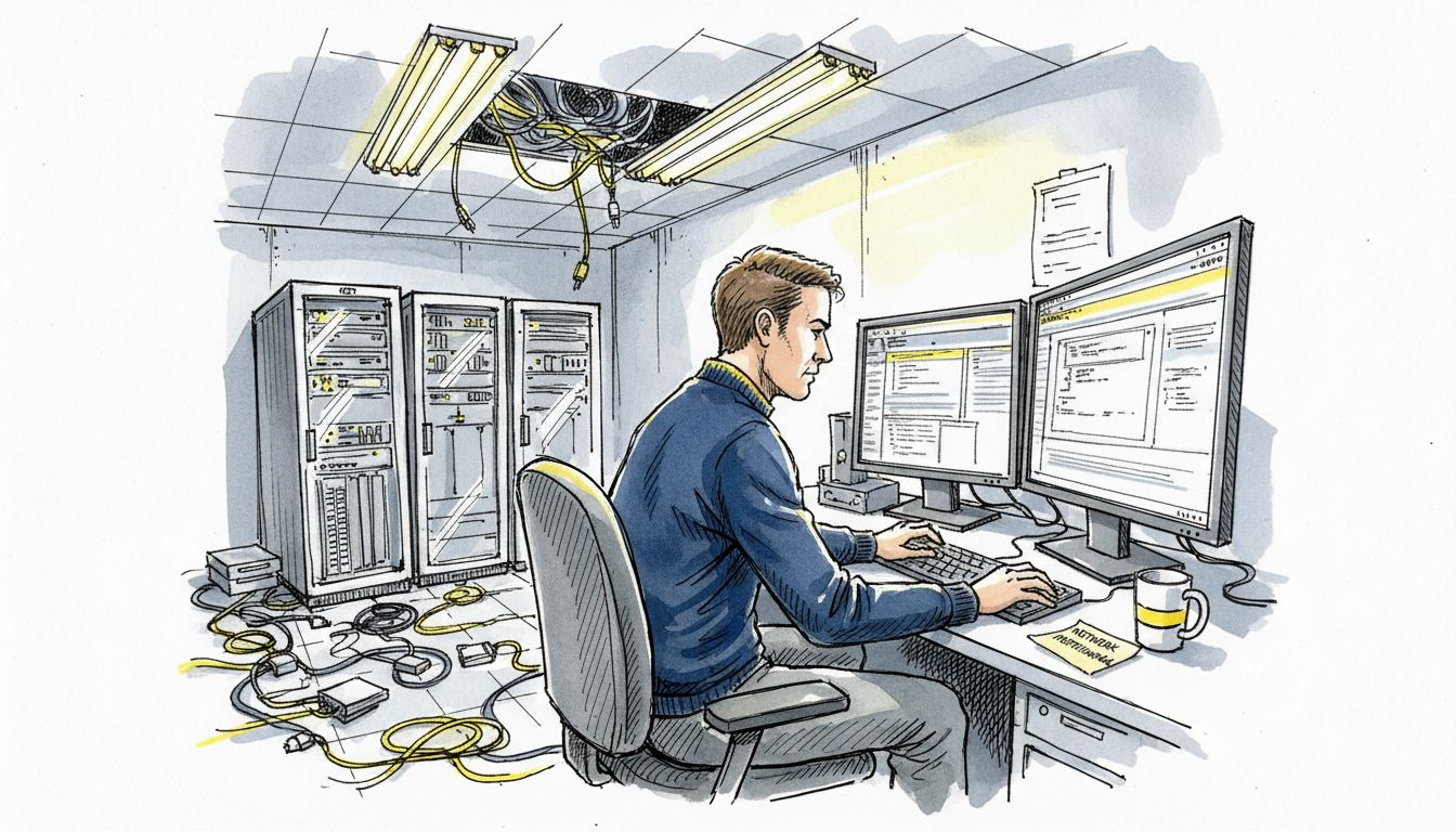 Een systeembeheerder die op kantoor bezig is met het veilig instellen van een AI-werkproces.