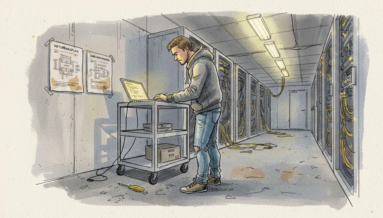 En ingeniør gennemgår kode på serverne i datarummet.