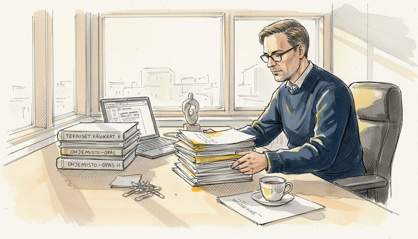 Mies järjestelee teknisiä asiakirjoja toimistolla