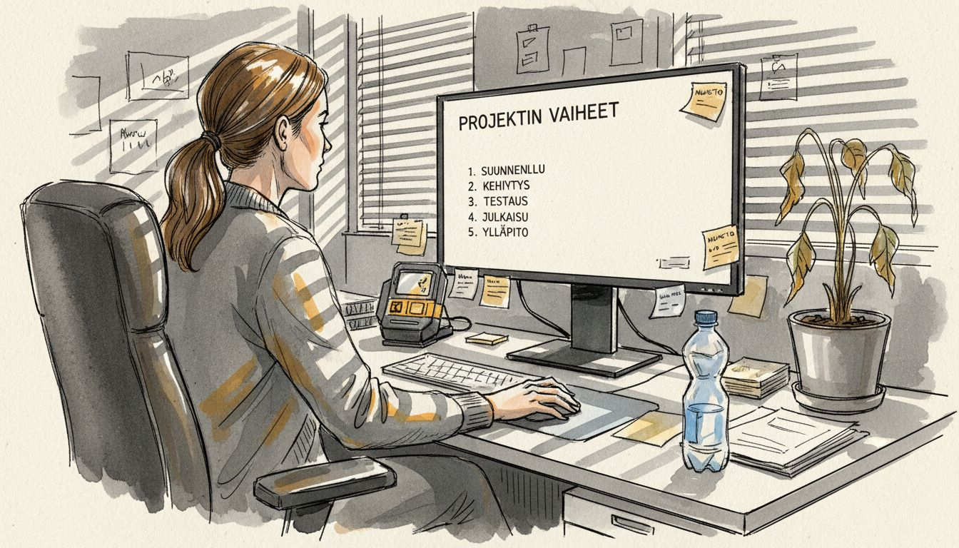 Nainen käy läpi työprosessia turvallisella toimistonäytöllä.