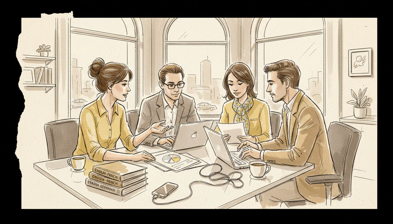 Multicultural translation team in glass office workspace