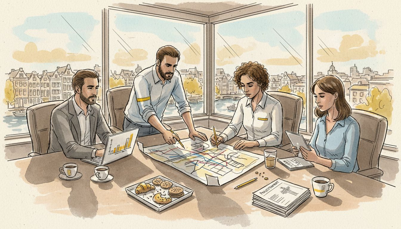 Een zakelijk team werkt samen aan een internationaal vertaalproject.