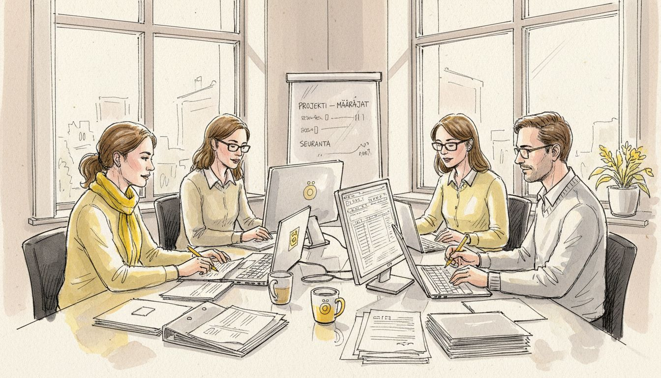 Käännöstoimiston tiimi työskentelee yhdessä projektien parissa.