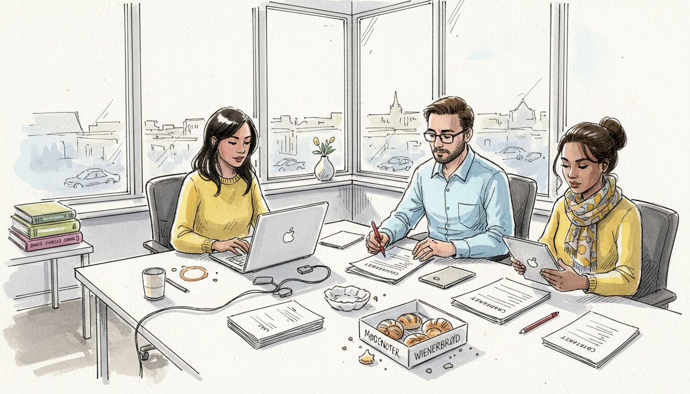 Et team fra virksomheden sidder samlet i et hjørnekontor og gennemgår oversættelser sammen.