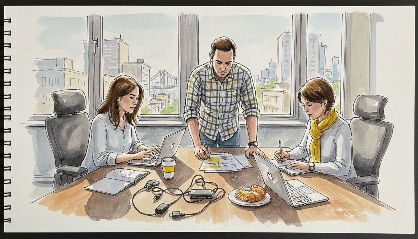 Industry translation team working in corner office