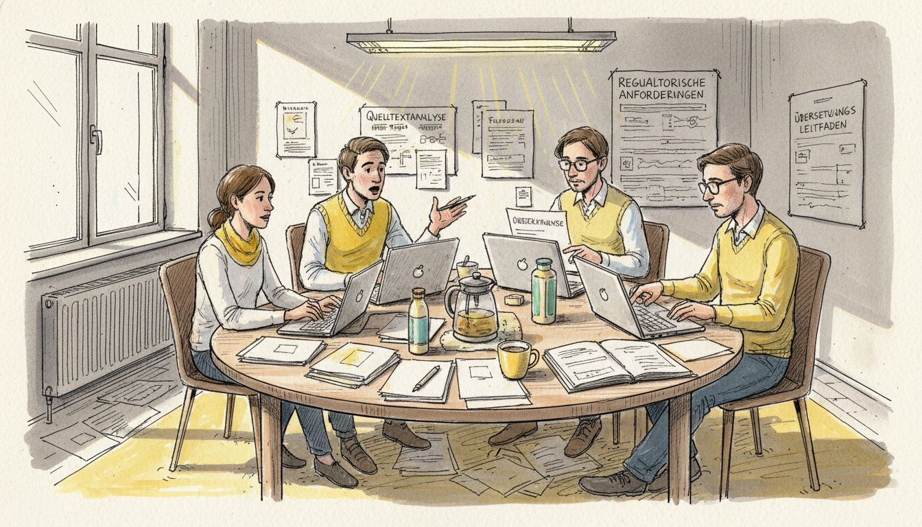 Das Übersetzerteam bespricht mögliche Risiken im Zusammenhang mit den Dokumenten.