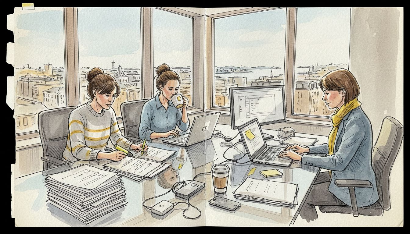 Oversetterteamet sitter samlet i et lyst hjørnekontor og jobber tett sammen.