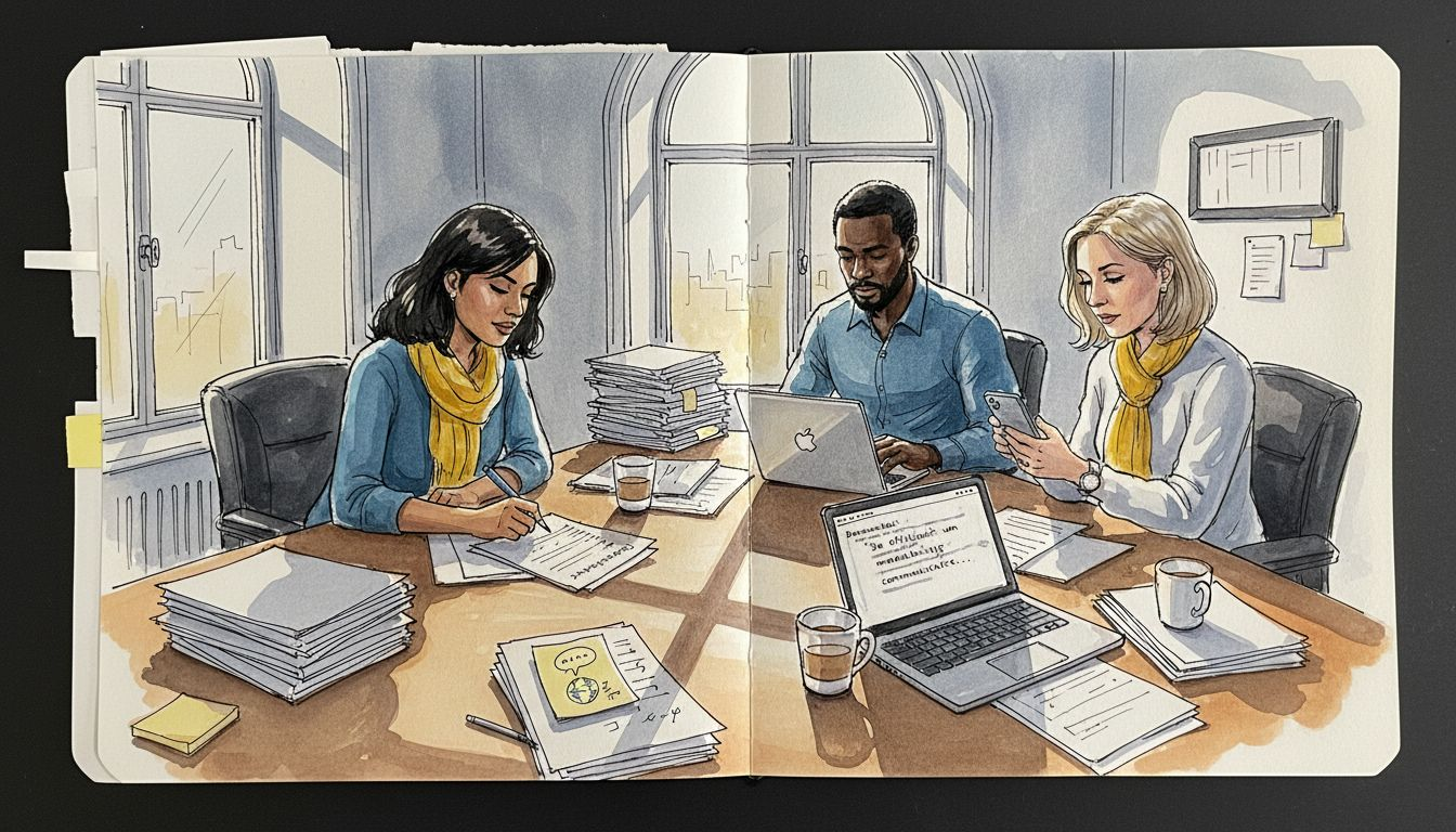 In een lichte, moderne kantoorruimte werkt een divers team van vertalers nauw samen aan verschillende projecten.