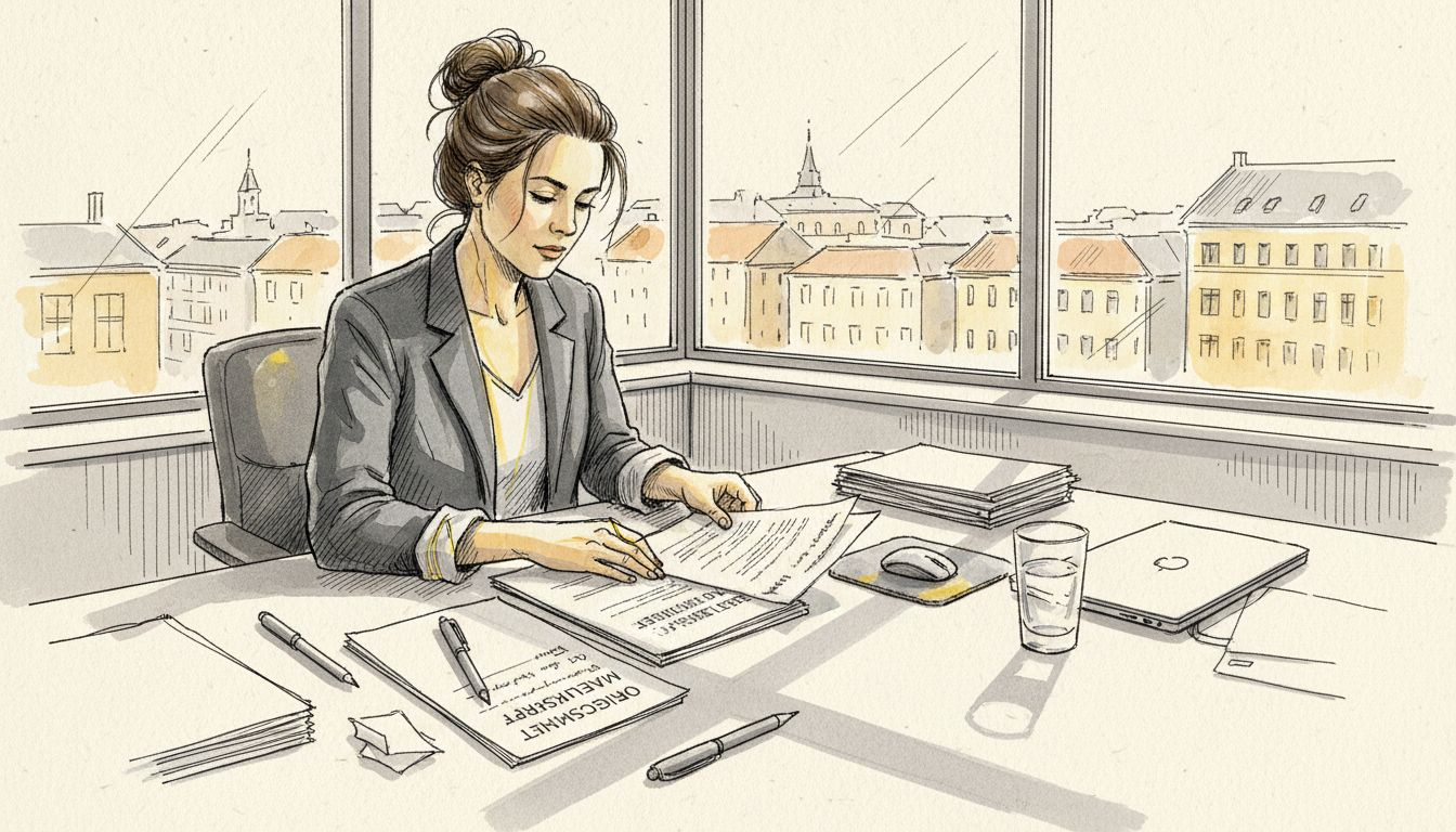 Oversætteren sidder i hjørnekontoret og gennemgår dokumenter.